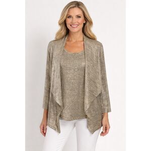 Ruby Rd Metallic Gold 2-Piece Top Cardigan Set Size L Studded Neckline Shimmer